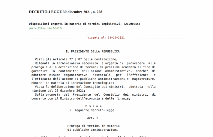 DECRETO LEGGE 228 del 30 DICEMBRE 2021